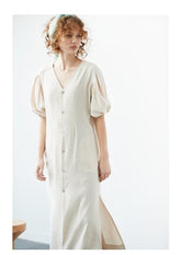 Button-Front Puff Sleeve Linen Dress with Waist Tie